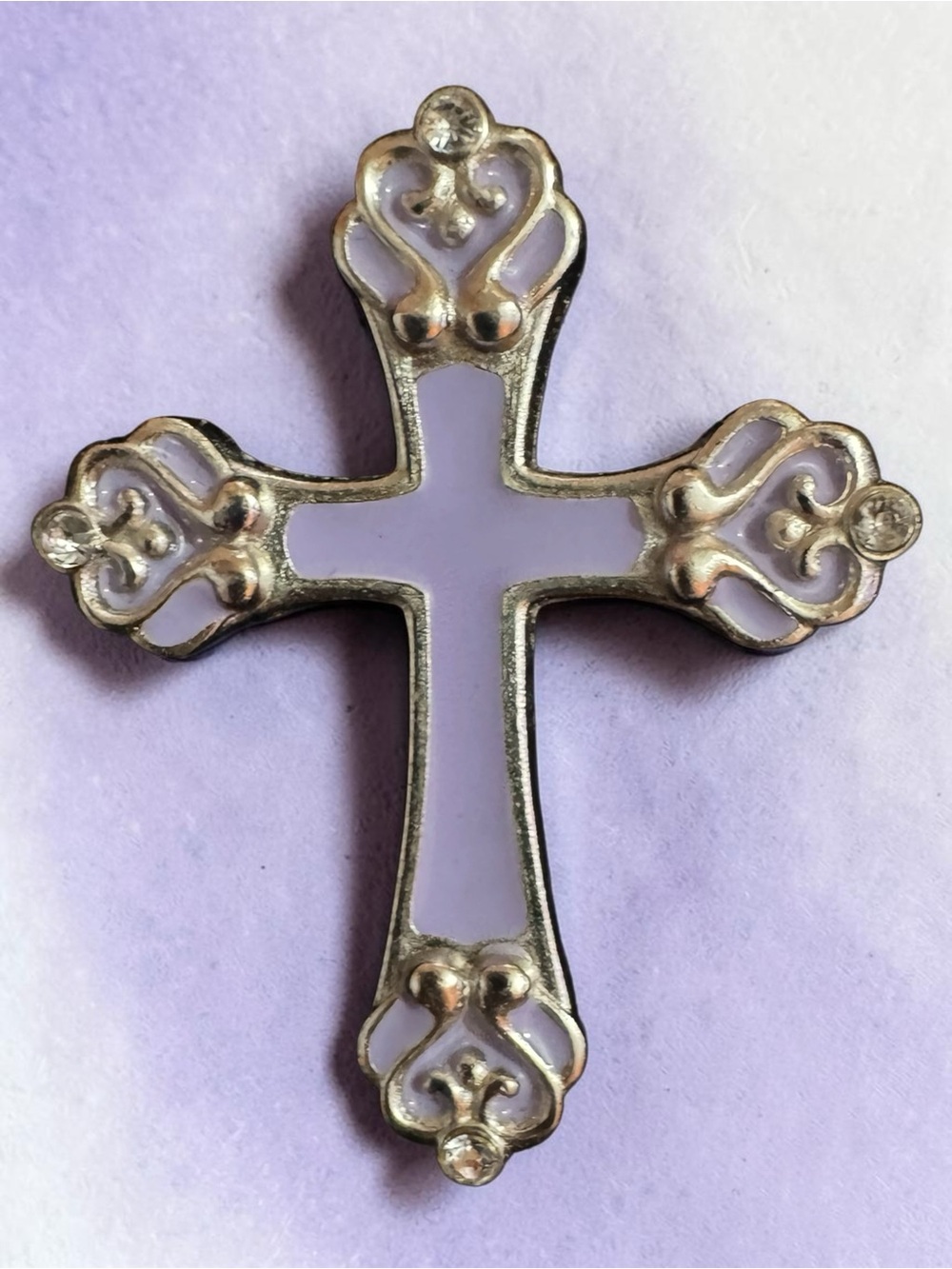 Harvey Lewis Lavender & Silver Cross Brooch. Vintage. New In Box.
